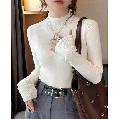 Women's rib-knit turtleneck sweater, long sleeve, close-fitting