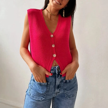 Women's knitted vest with V-neck and buttons