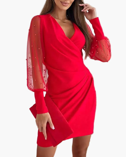 Damen Elegantes Abendkleid mit Wickeloptik und Transparenten Ärmeln – Perfekt für besondere Anlässe