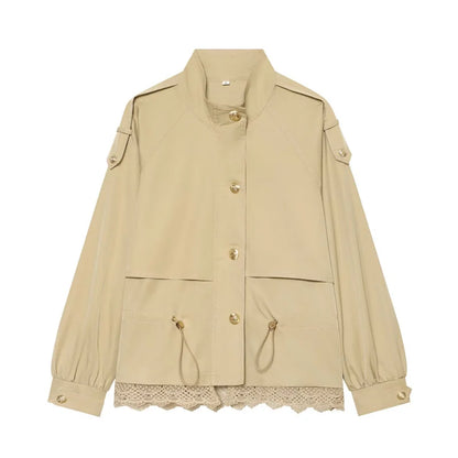 Women's Jacket with Stand Collar, Waist Drawstring and Lace Trim at the Hem