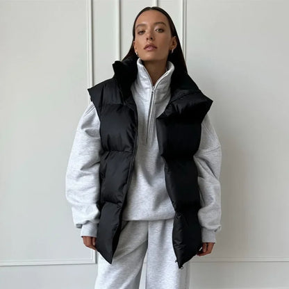 Women's Puffer Vest Stand-Up Collar Gray Black Apricot