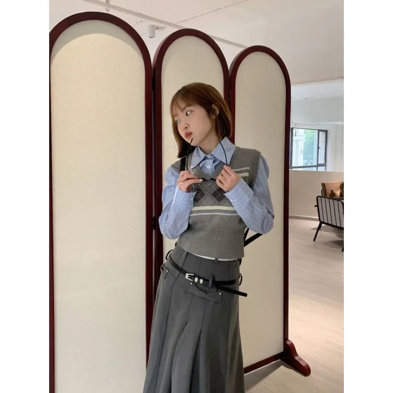 Women's gray midi pleated skirt with argyle knitted vest and shirt set