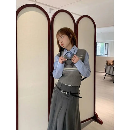 Women's gray midi pleated skirt with argyle knitted vest and shirt set