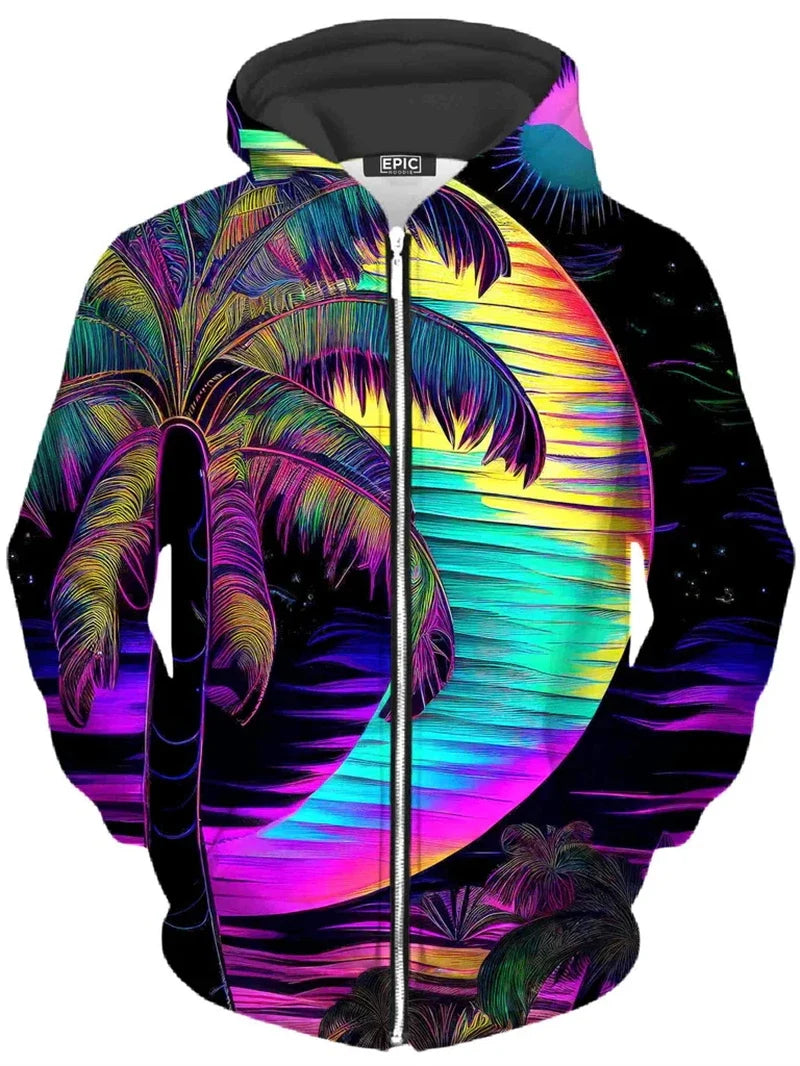 Zip-Up Hoodie with Colorful Tree Print