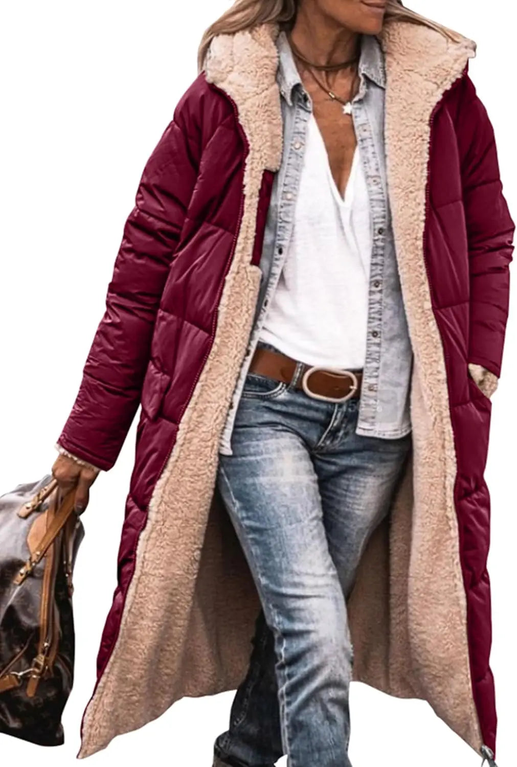 Long women's quilted coat with teddy lining & hood - Warmly lined winter coat