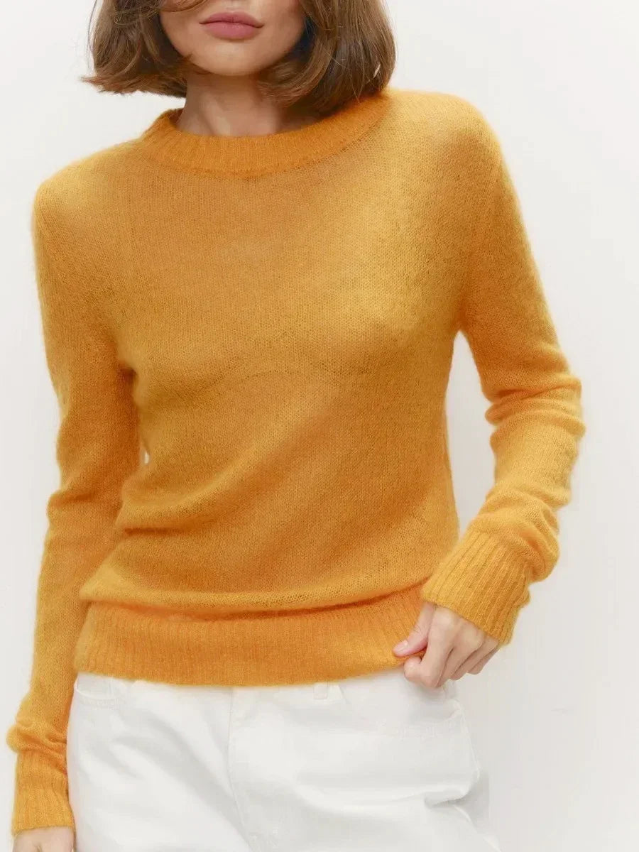 Damen Pullover leicht transparent Feinstrick Rundhals Langarm