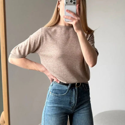 Damen Kurzarm Strickpullover Rundhals Rippbündchen