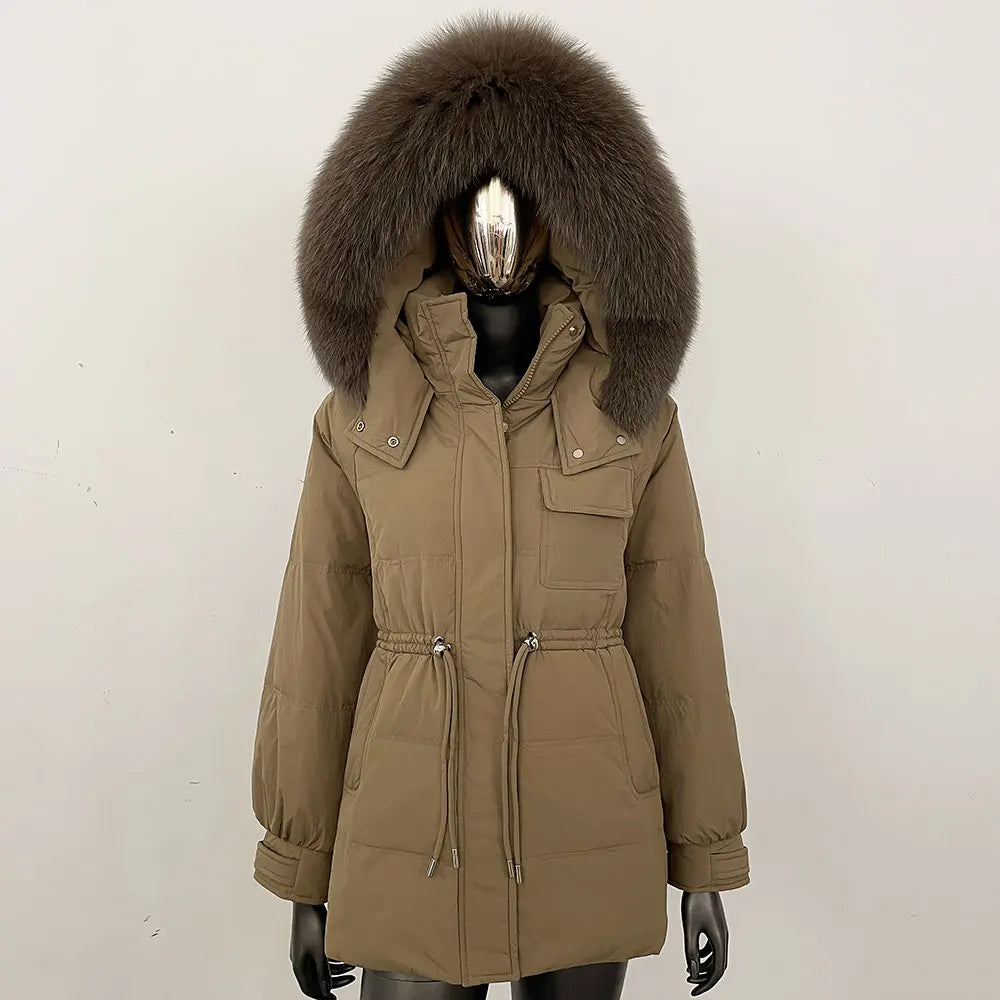 Women's winter parka jacket with fur hood and drawstring waist