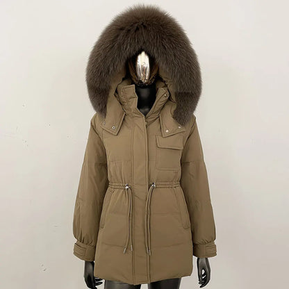 Women's winter parka jacket with fur hood and drawstring waist