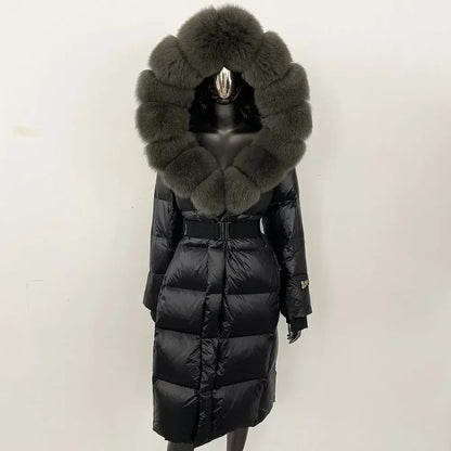 Women's long winter quilted coat with faux-fur hood and belt