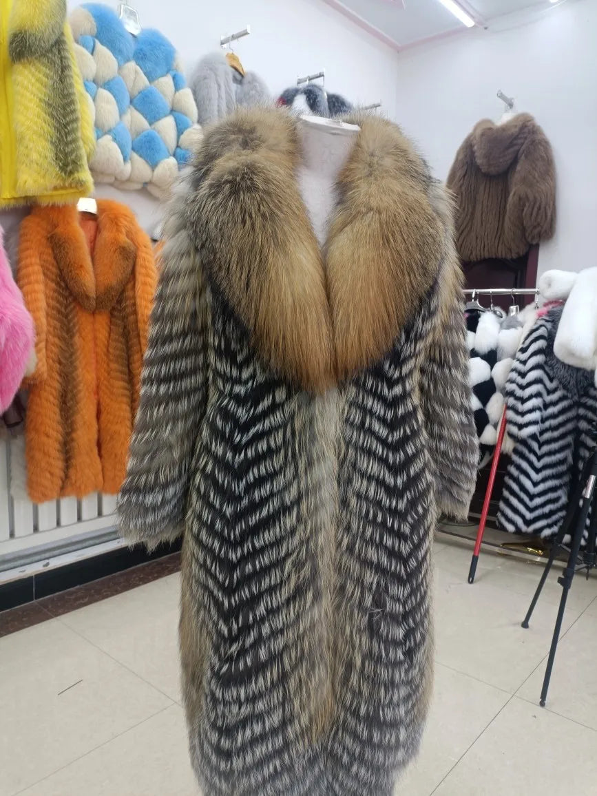 Long women's faux-fur coat with chevron pattern, warm winter coat
