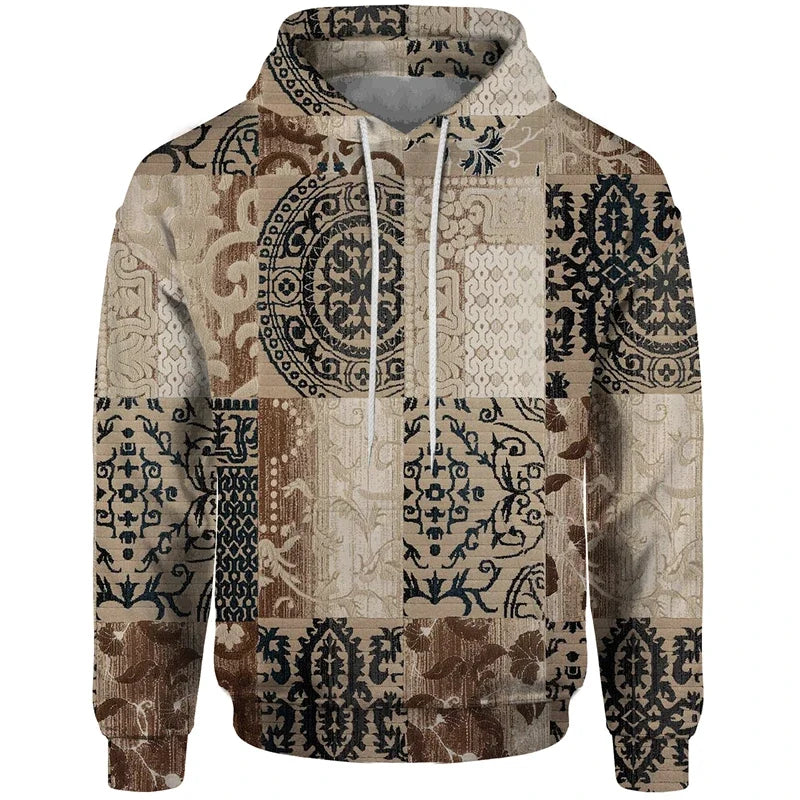 Patchwork-design hoodie with mixed patterns and hood