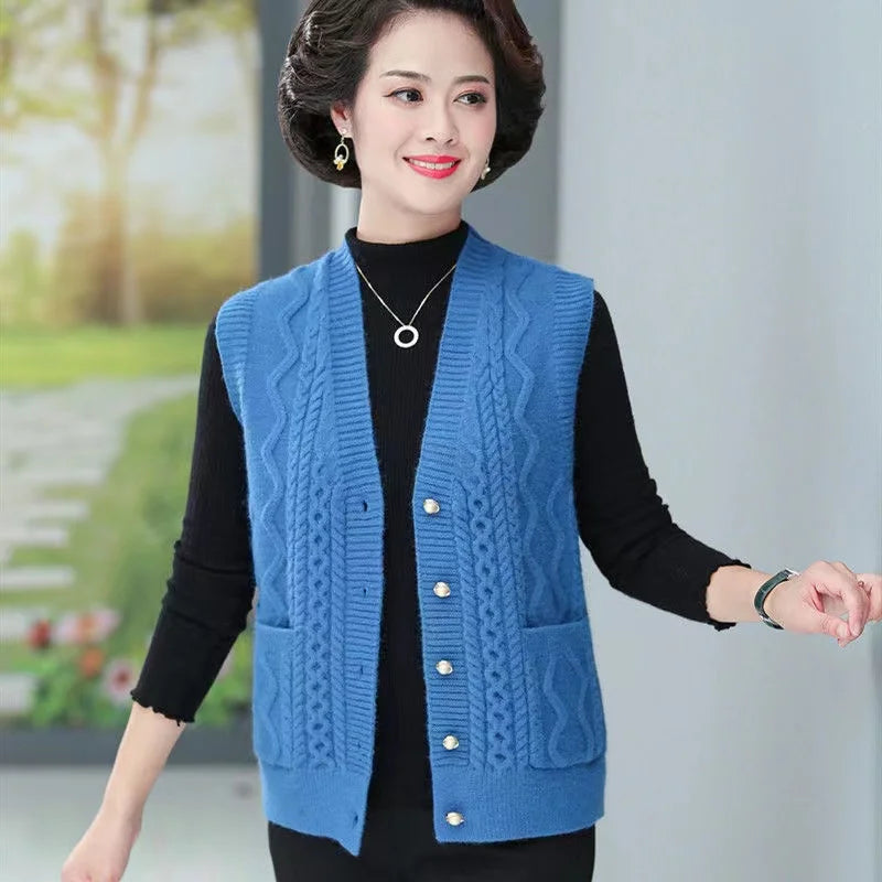Women's Cable-Knit Vest with V-Neck and Button Placket