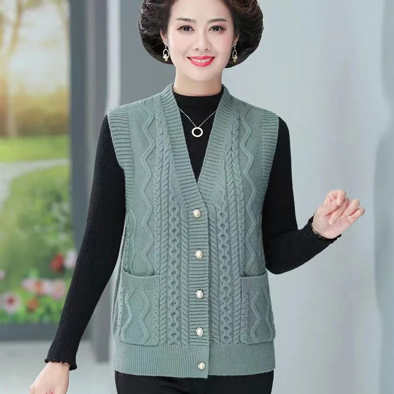 Women's Cable-Knit Vest with V-Neck and Button Placket