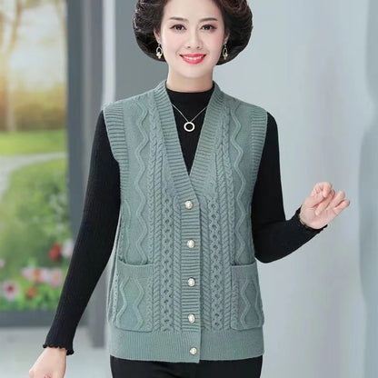 Women's Cable-Knit Vest with V-Neck and Button Placket