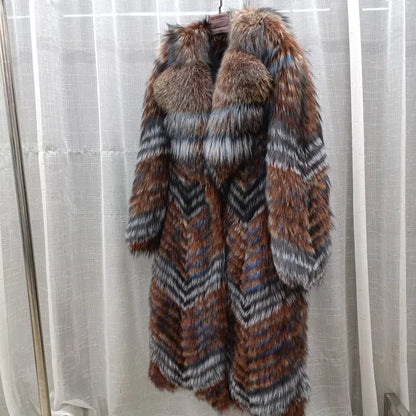 Long women's faux-fur coat with chevron pattern, warm winter coat