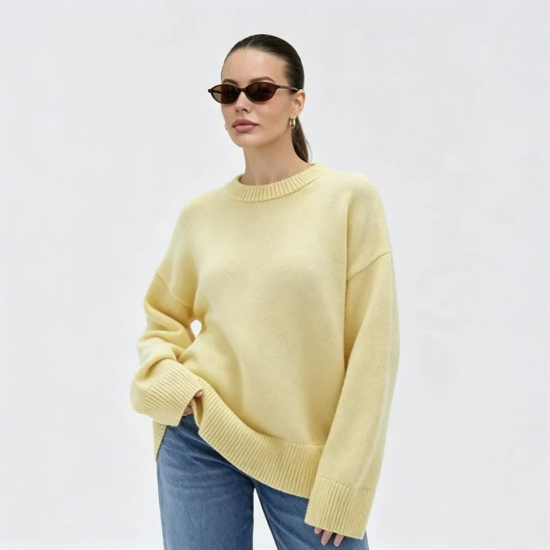 Women's Oversized Crewneck Sweater with Ribbed Cuffs, Loose-Fit Knit