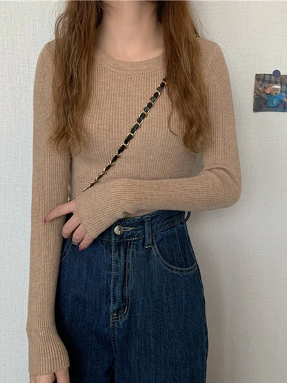 Women's ribbed long-sleeve sweater, crew neck, top