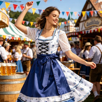Blue and white dirndl traditional dress with floral pattern & apron