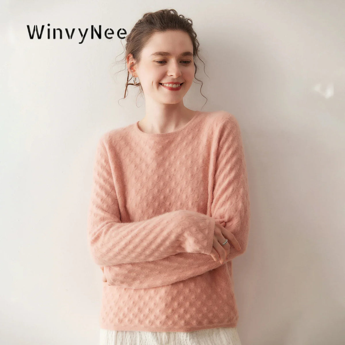 Damen Pullover Rundhalsausschnitt Langarm Strickpullover Strukturiert