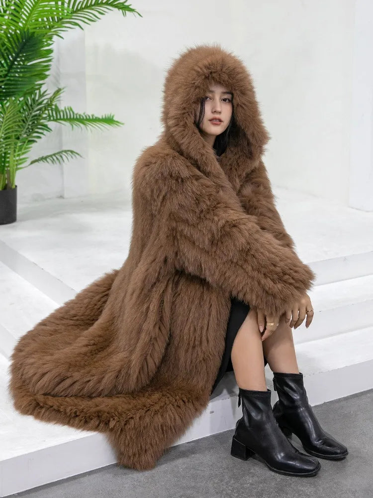 Long hooded coat with faux fur look