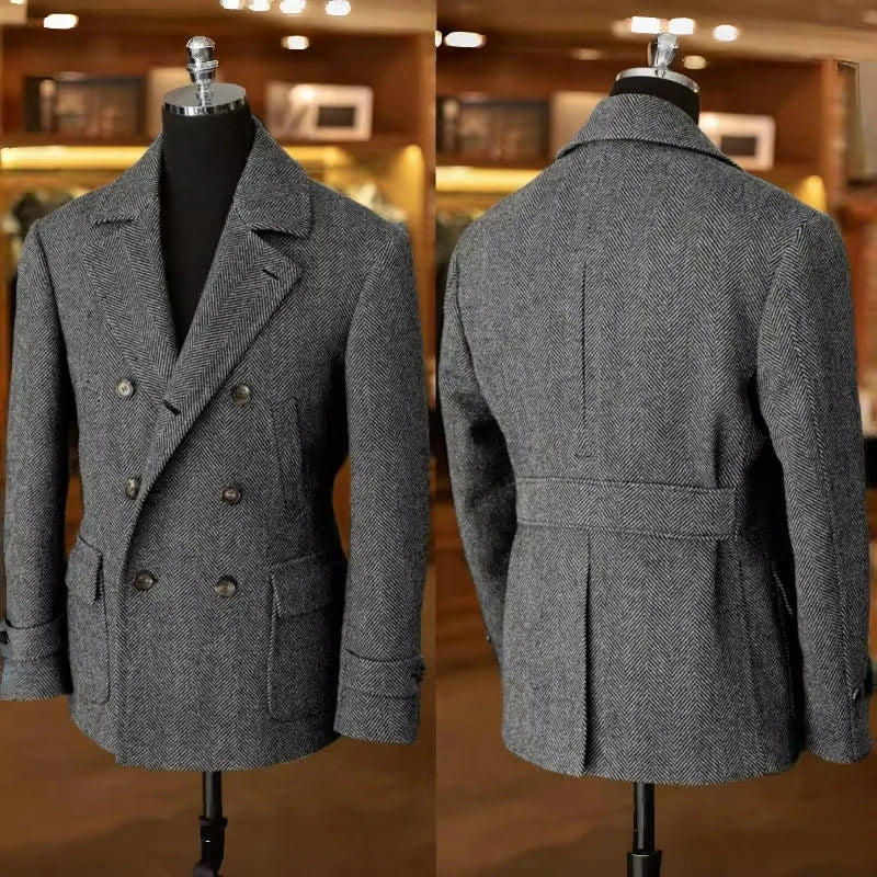 Men's Double-Breasted Vintage Business Blazer – Classic Houndstooth Look for Office & Festive Occasions