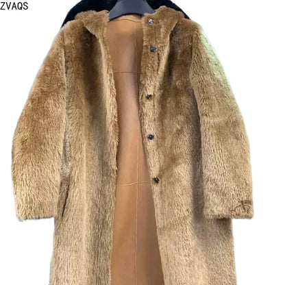Women's long teddy-style coat with hood, button closure, beige