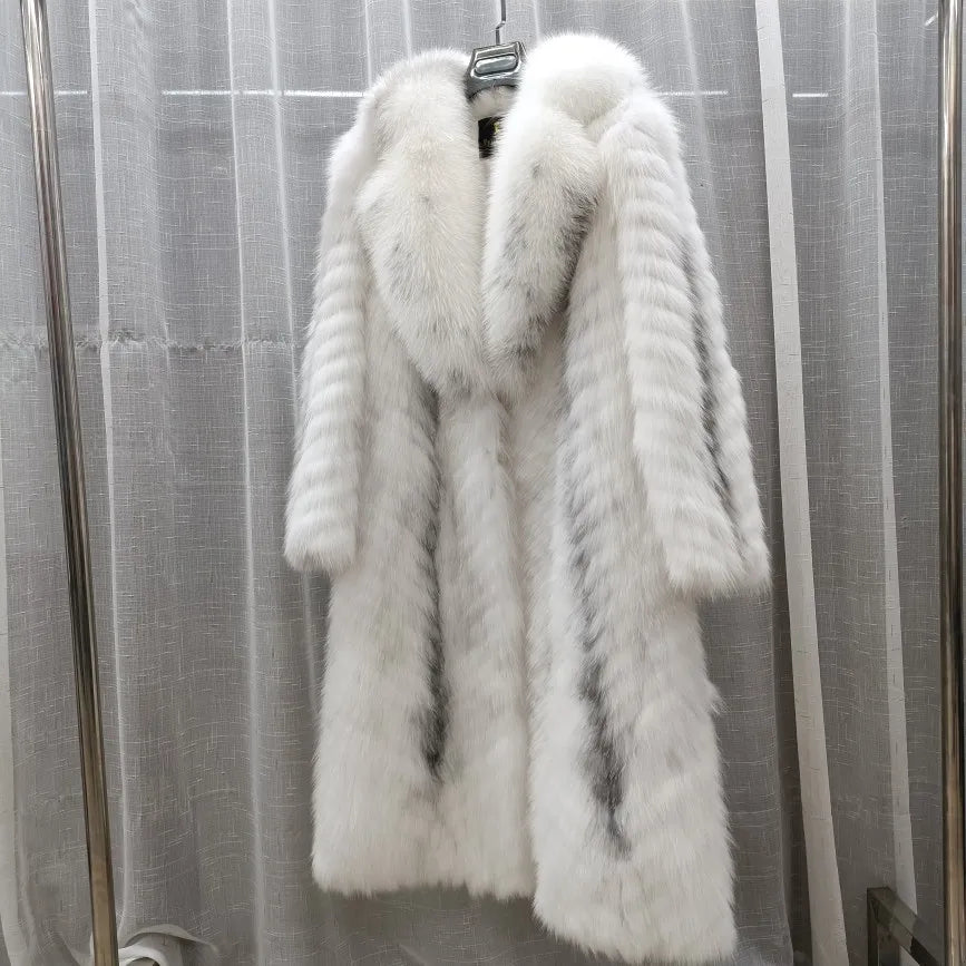 Long women's faux-fur coat with chevron pattern, warm winter coat