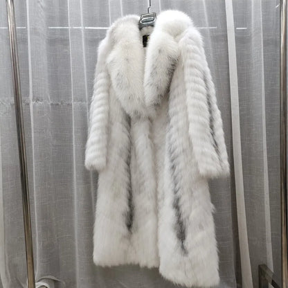Long women's faux-fur coat with chevron pattern, warm winter coat