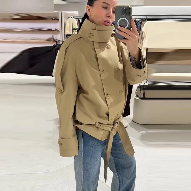 Damen Kurzmantel Jacke Beige Doppeltreiher Wickelgürtel Stehkragen