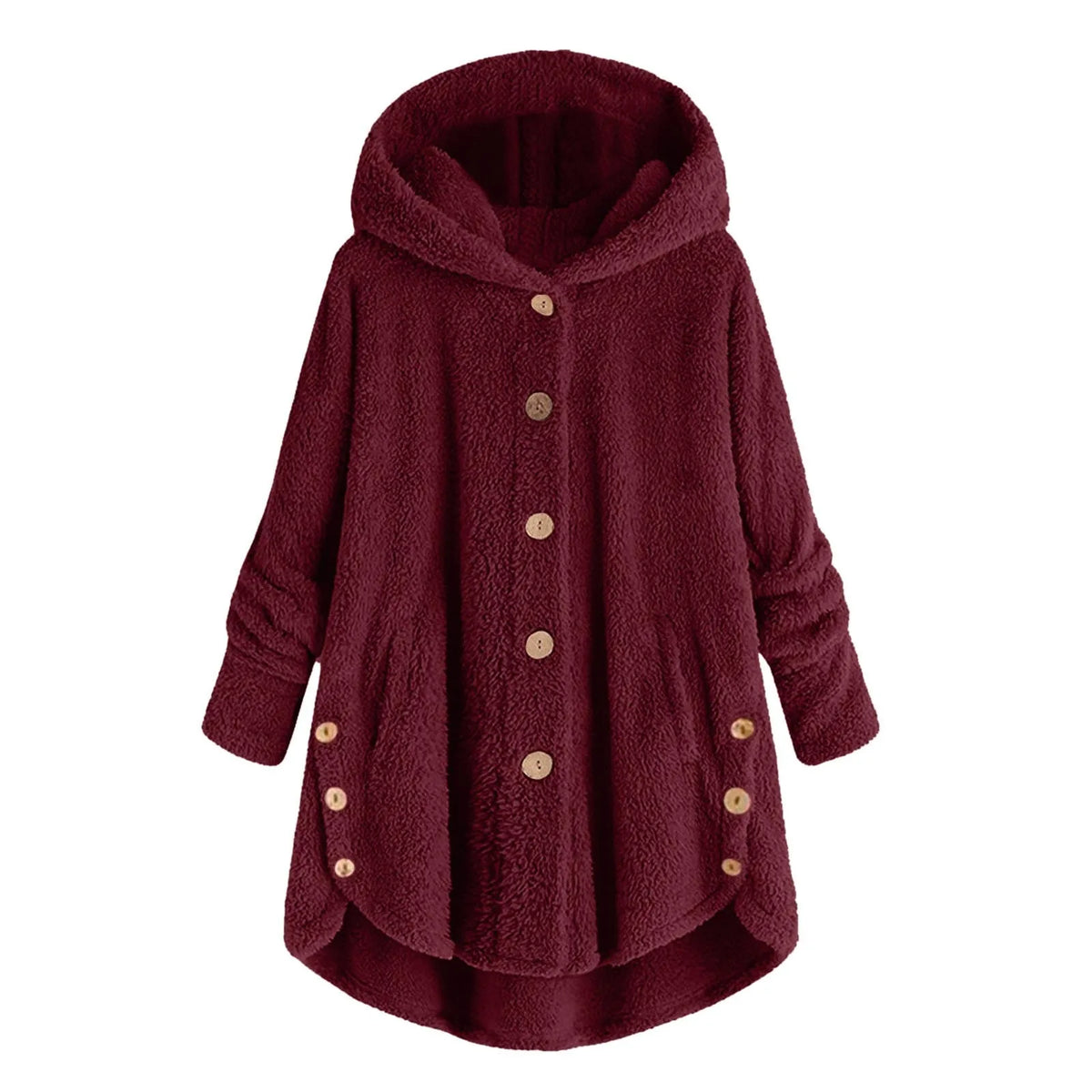Damen Fleecejacke mit Kapuze Teddy-Optik Langarm Knopfleiste unregelmäßigem Saum