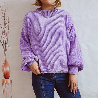 Damen Rib-Pullover Weiche Struktur Langarm Schwarz