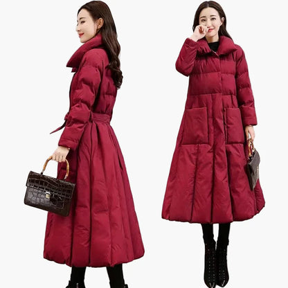 Women's Quilted Coat Winter Long Elegant Warm with Belt – Fashionable Outdoor Coat for Everyday and Leisure