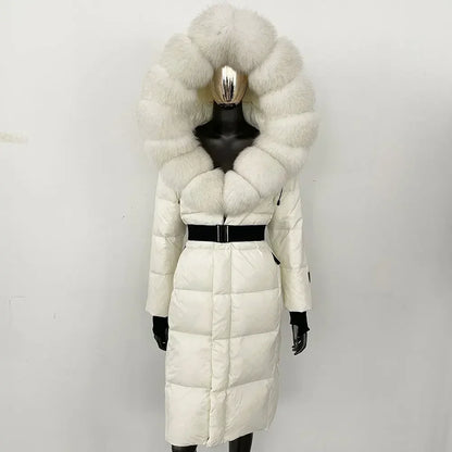 Women's long winter quilted coat with faux-fur hood and belt