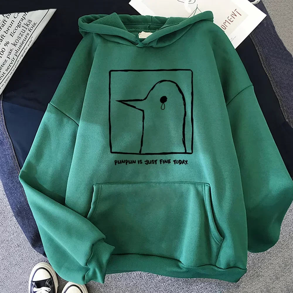 Hoodie or sweatshirt with cartoon bird motif, "Punpun is just fine today" print