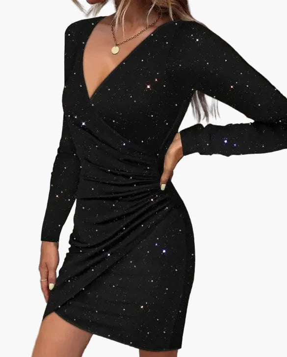 Damen Wickelkleid Elegante Partykleid mit Langarm und Galaxie-Print – Perfekt für Abendanlässe