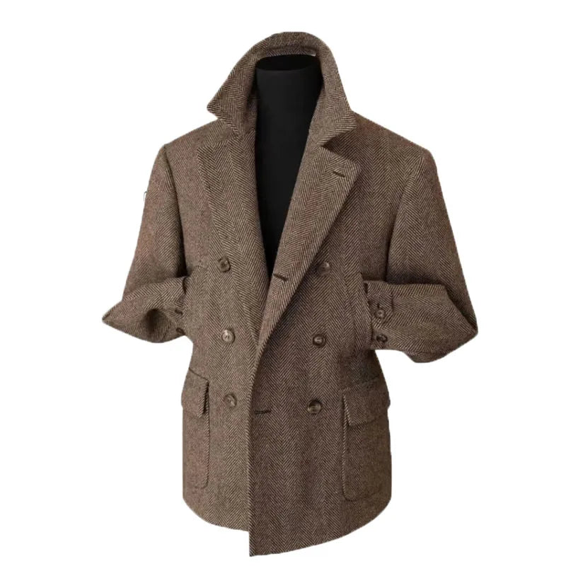 Men's Double-Breasted Vintage Business Blazer – Classic Houndstooth Look for Office & Festive Occasions