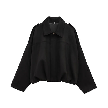 Women's cropped short transition jacket with lapel collar and long sleeves