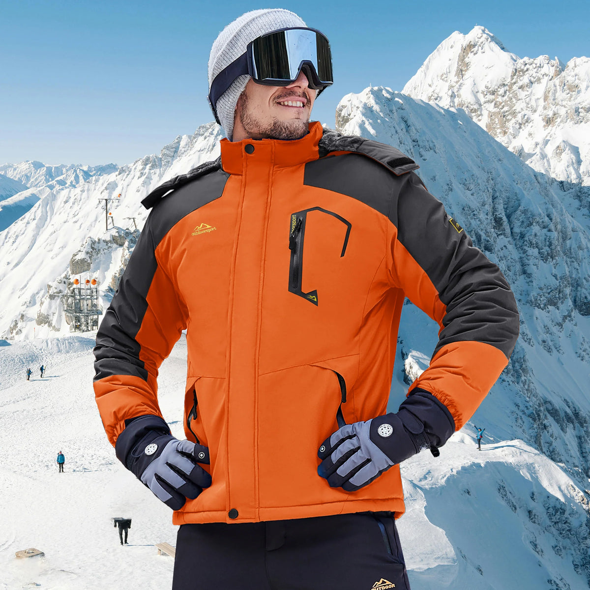 Herren Winterjacke Outdoor Skijacke mit Kapuze und Taschen Orange Grau