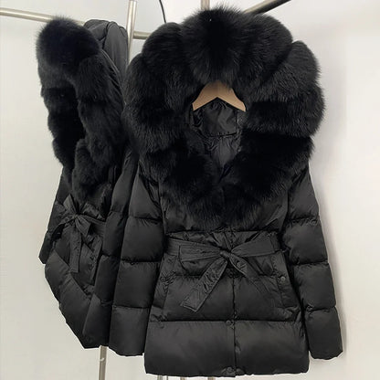 Damen Daunenjacke mit Kapuze, Pelzbesatz und Gürtel