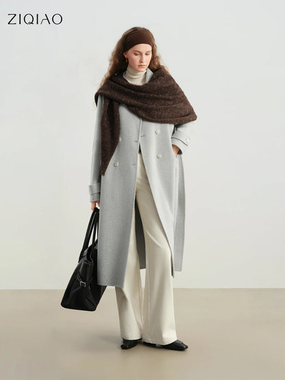Women's long double-breasted coat in a wool-look fabric, available in gray, brown, or beige