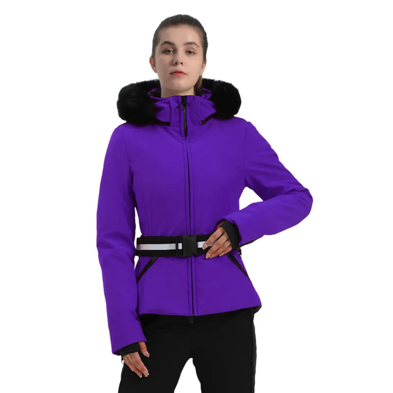 Women's ski jacket with check pattern and faux fur hood, belt, water-repellent