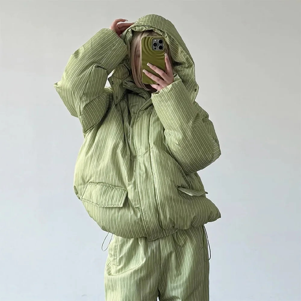 Striped quilted jacket with hood and matching trousers