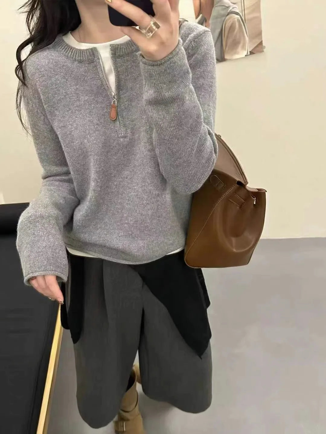 Women's Marled Sweater with Zipper Stand Collar