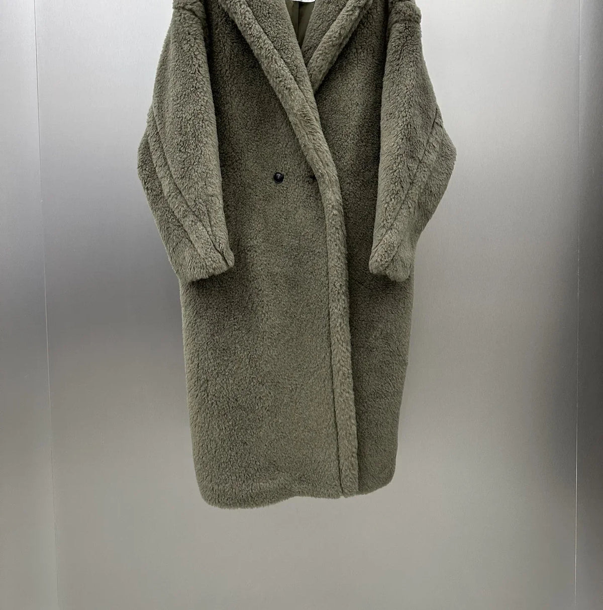 Women's long teddy coat with hood & teddy brooch