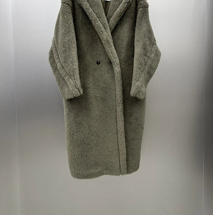 Women's long teddy coat with hood & teddy brooch