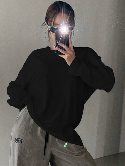 Women's oversized long-sleeve shirt, crew neck, black and white basic long-sleeve top