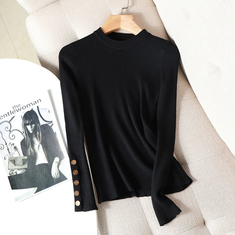 Women's rib-knit sweater, long sleeve, with decorative buttons