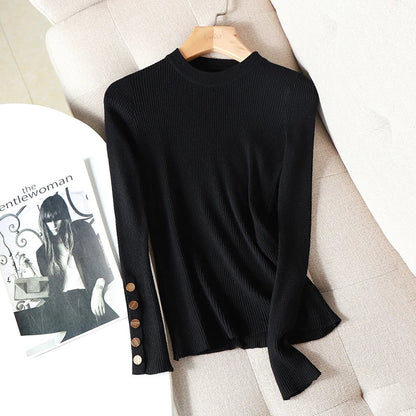 Women's rib-knit sweater, long sleeve, with decorative buttons
