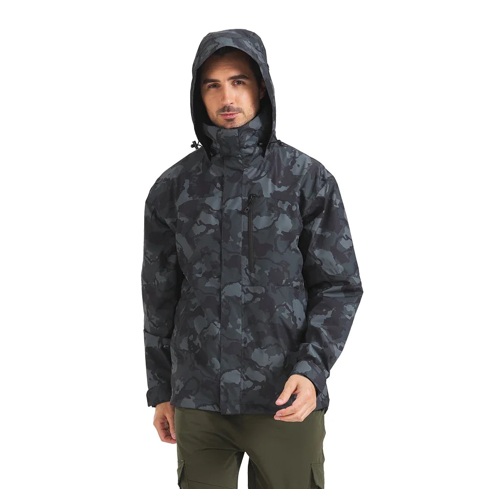 Men's camouflage outdoor jacket with hood and zippered pockets